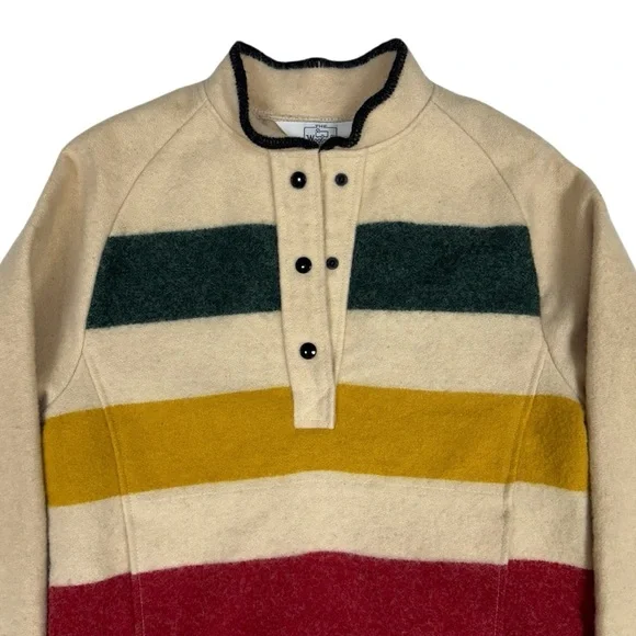 Vintage Woolrich Hudson Bay Sweater Womens Medium Beige Stripe Snap 70s 80s USA - Picture 3 of 8